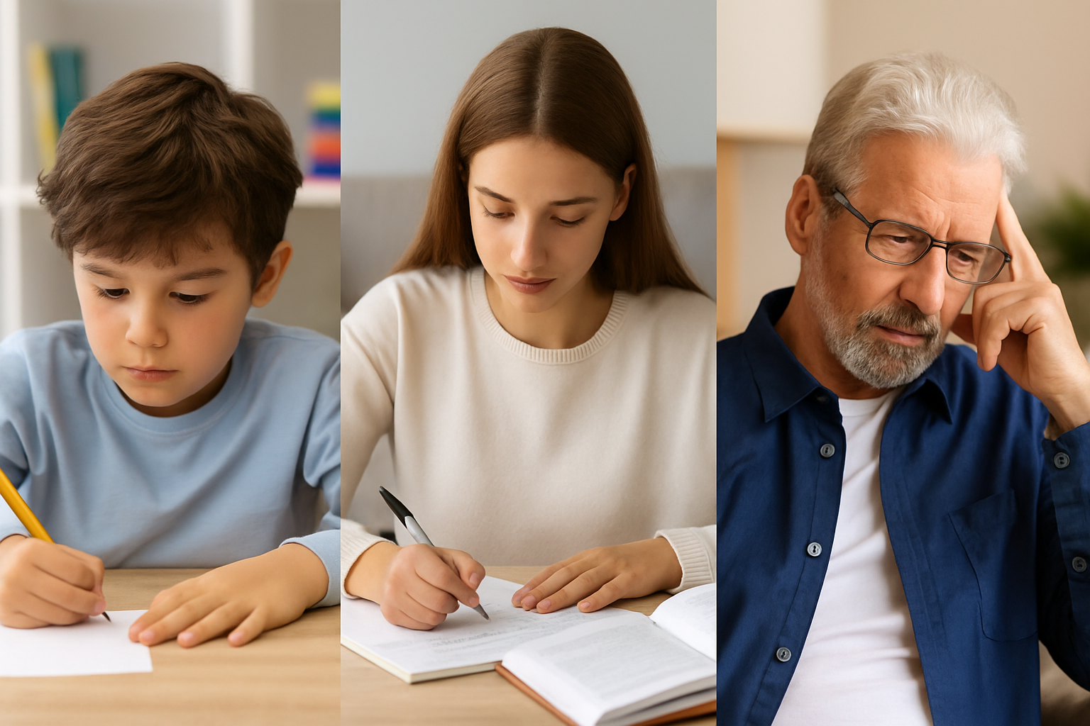 Niño, adolescente y mujer adulta realizando evaluación neuropsicológica en Cuernavaca