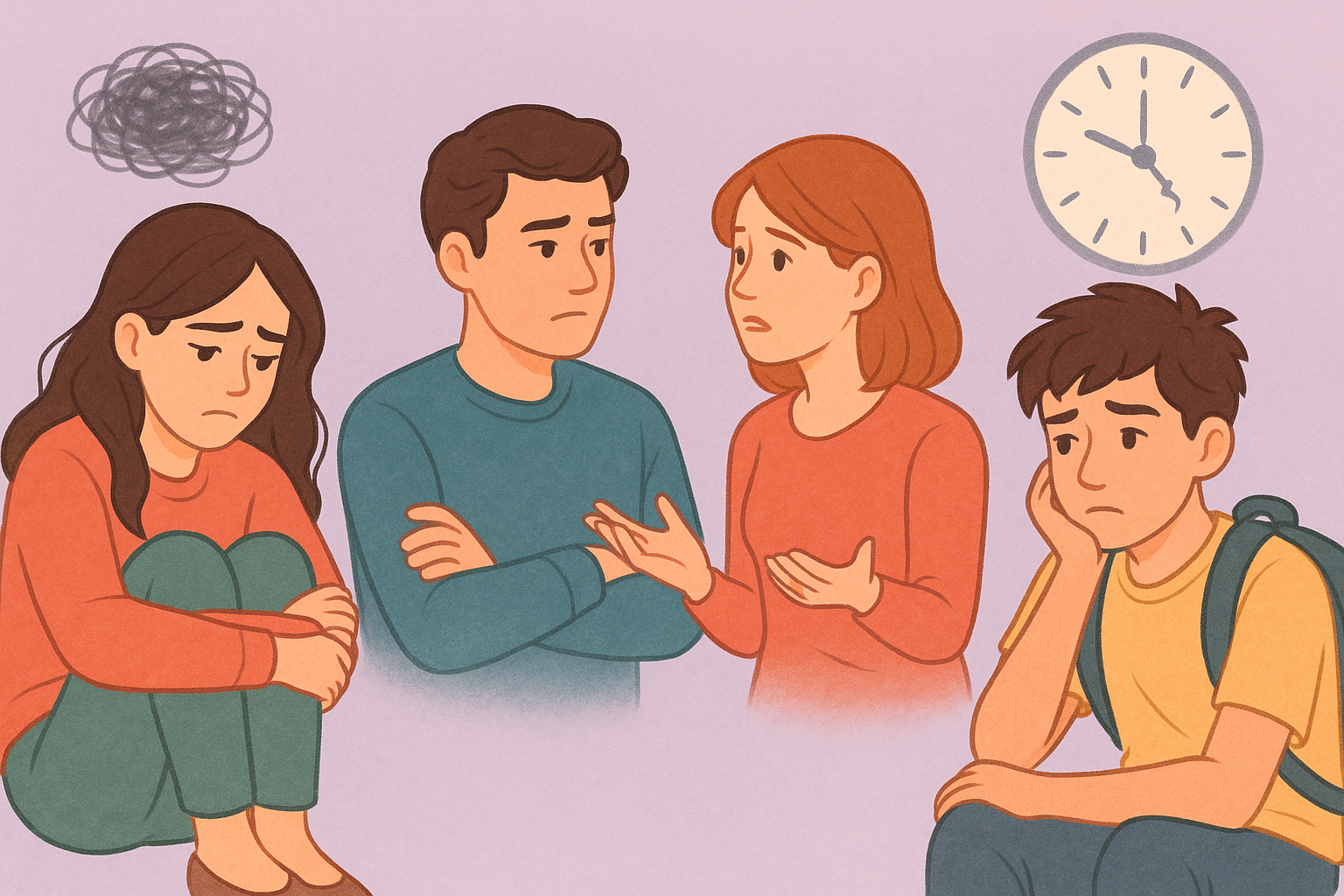 Ilustración de mujer ansiosa, adolescente preocupado y pareja en conflicto durante proceso terapéutico