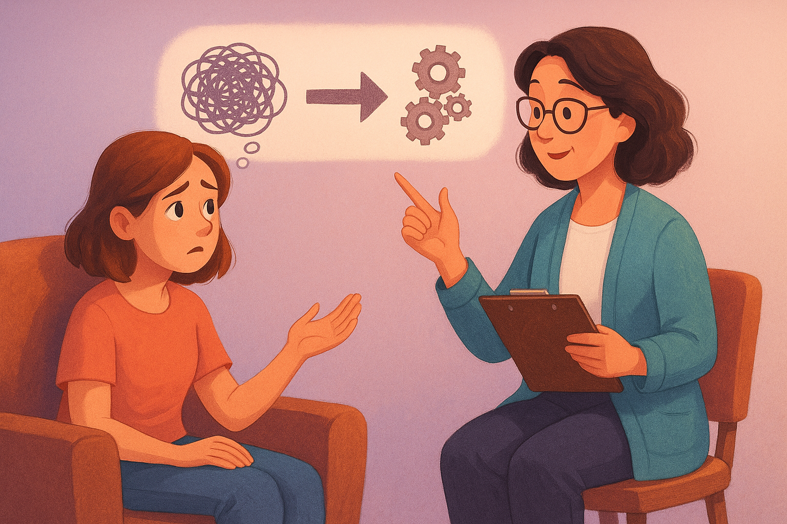 Ilustración de terapia cognitivo-conductual en consulta psicológica